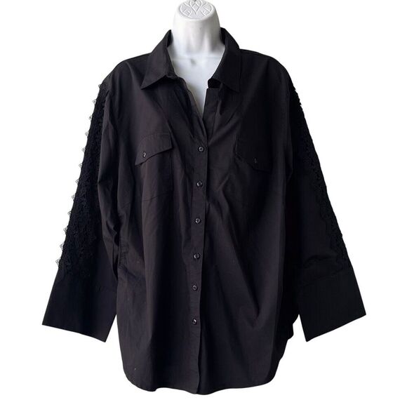 ZAC RACHEL Tunic Top Plus 3X Black Lace Trim Sleeves Pockets Button Down Shirt - Picture 1 of 3